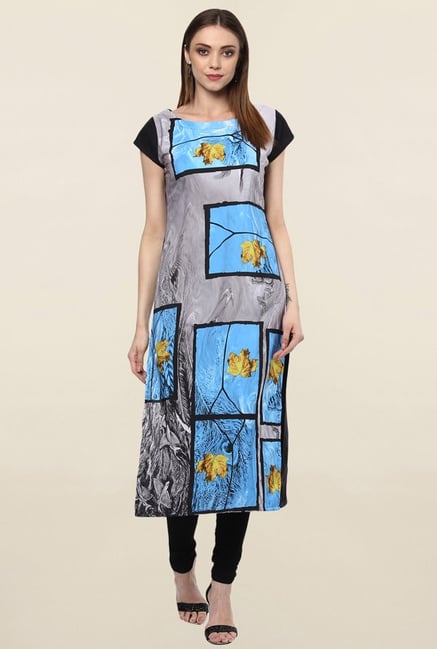 Ziyaa Grey & Blue Printed Crepe Kurta Ziyaa Grey & Blue Printed Crepe Kurta