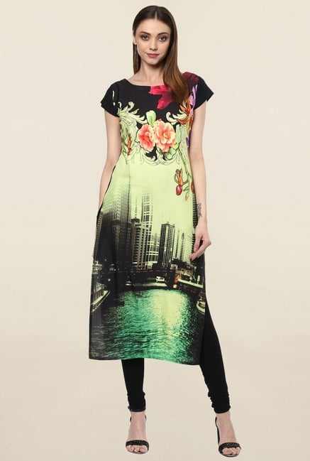 Ziyaa Yellow & Black Printed Crepe Kurta Ziyaa Yellow & Black Printed Crepe Kurta
