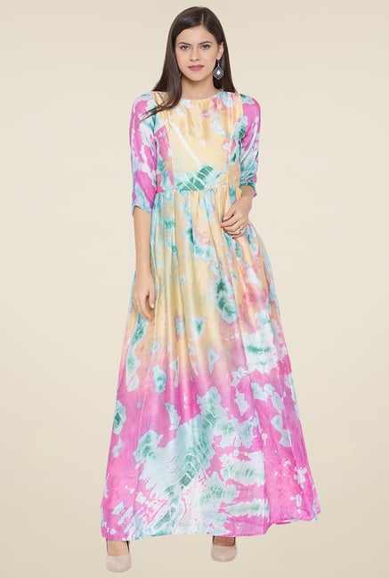 Aujjessa Pink & Cream Printed Maxi Dress Aujjessa Pink & Cream Printed Maxi Dress