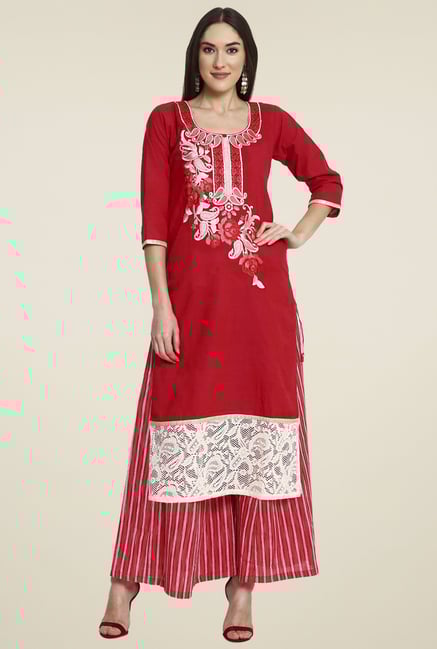 Aujjessa Red Embroidered Palazzo Set Aujjessa Red Embroidered Palazzo Set