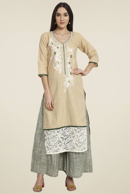 Aujjessa Beige Regular Fit Khadi Palazzo Set Aujjessa Beige Regular Fit Khadi Palazzo Set
