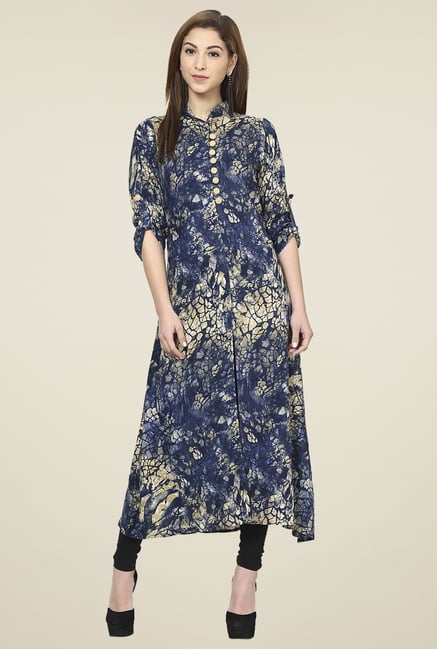 Aujjessa Navy & Beige Regular Fit Kurta Aujjessa Navy & Beige Regular Fit Kurta