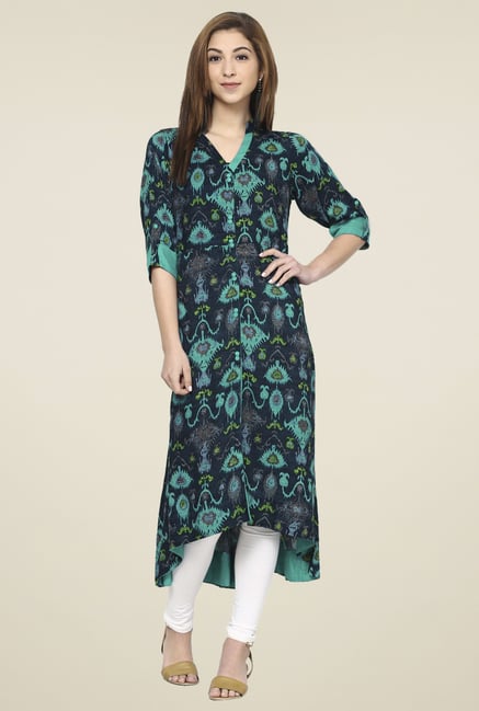 Aujjessa Navy & Sea Green Regular Fit Kurta Aujjessa Navy & Sea Green Regular Fit Kurta