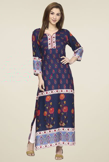 Aujjessa Navy & Red Regular Fit Kurta Aujjessa Navy & Red Regular Fit Kurta