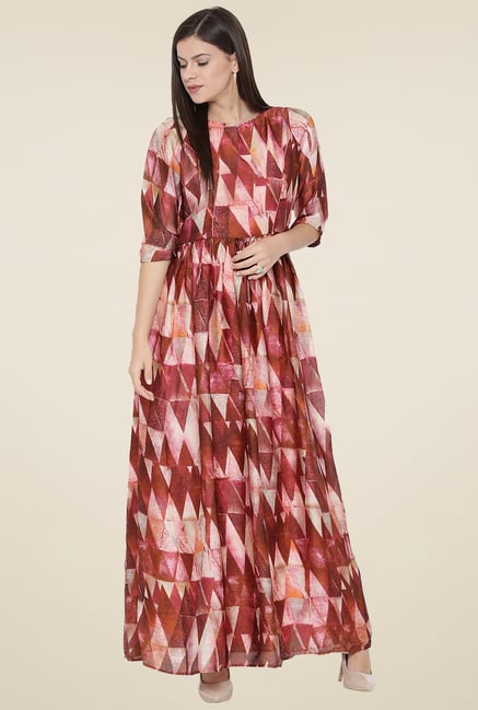 Aujjessa Peach Printed Round Neck Maxi Dress Aujjessa Peach Printed Round Neck Maxi Dress