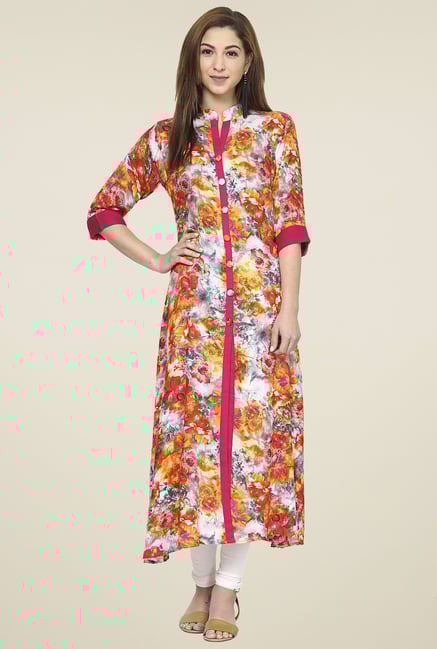 Aujjessa White & Orange Band Neck Kurta Aujjessa White & Orange Band Neck Kurta