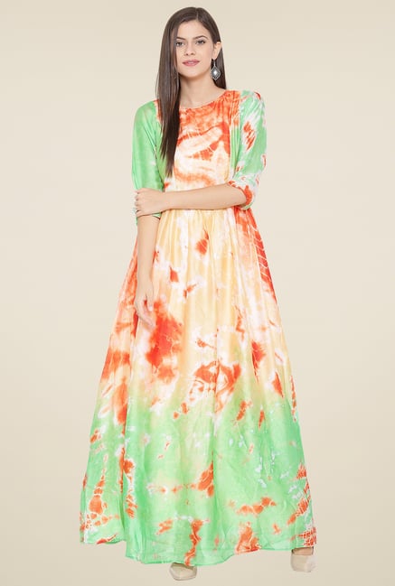 Aujjessa Orange & Pistachio Printed Maxi Dress Aujjessa Orange & Pistachio Printed Maxi Dress
