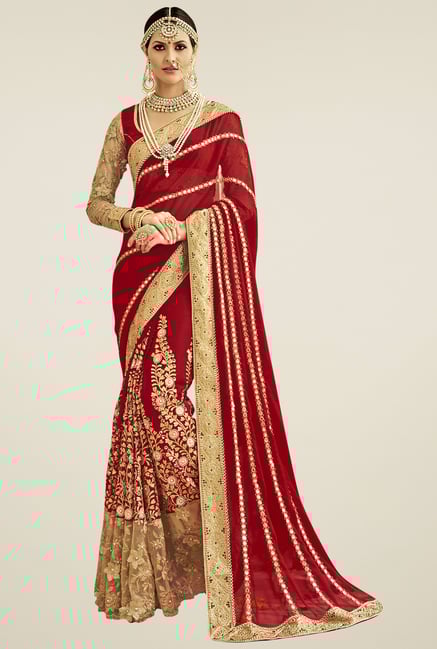 Triveni Maroon & Cream Embroidered Saree Triveni Maroon & Cream Embroidered Saree