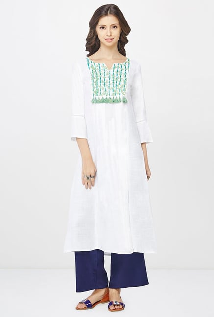 Global Desi Green & White Embroidered Kurta Global Desi Green & White Embroidered Kurta