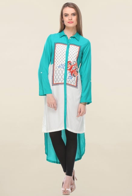 W White & Turquoise Printed Kurti W White & Turquoise Printed Kurti