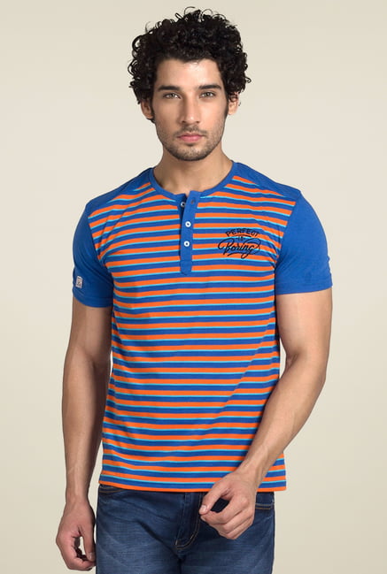 Club Fox Blue & Orange Cotton Henley T-Shirt Club Fox Blue & Orange Cotton Henley T-Shirt