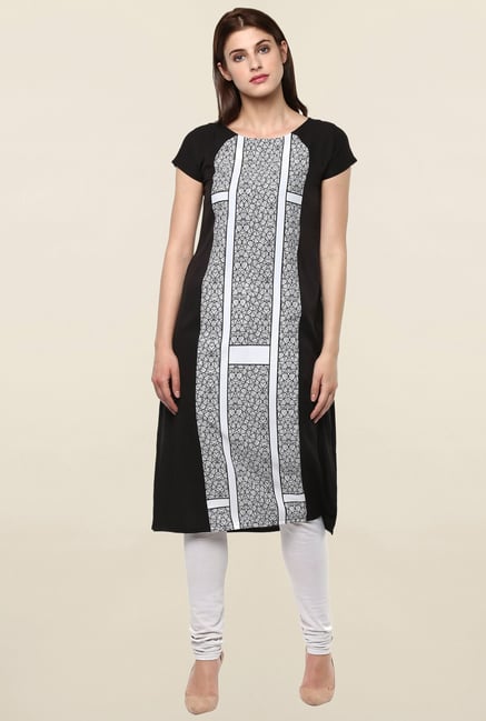 Janasya Off White & Black Printed Crepe Kurta Janasya Off White & Black Printed Crepe Kurta