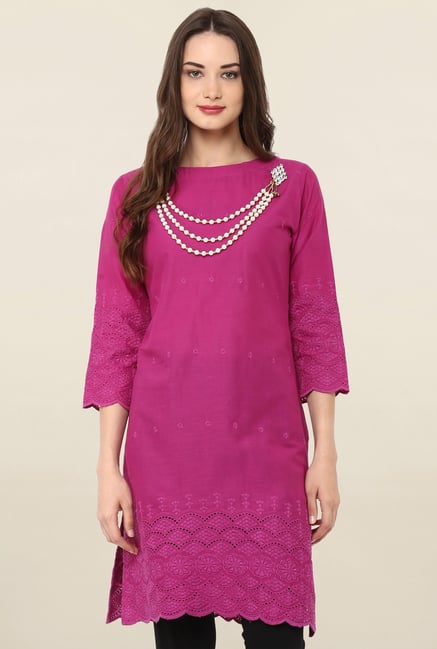 Janasya Magenta Embroidered Cotton Kurti Janasya Magenta Embroidered Cotton Kurti