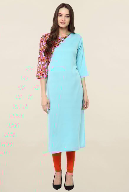 Janasya Sky Blue Printed Crepe Kurta Janasya Sky Blue Printed Crepe Kurta
