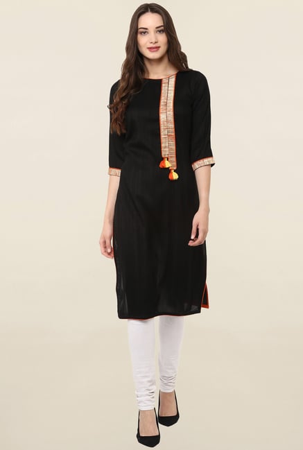Janasya Black Solid Cotton Kurta Janasya Black Solid Cotton Kurta