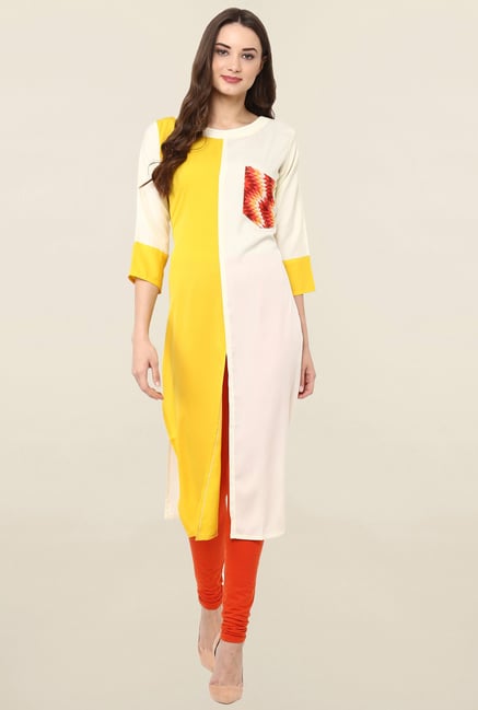 Janasya Yellow & Cream Solid Crepe Kurta Janasya Yellow & Cream Solid Crepe Kurta