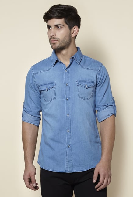 Zudio Light Blue Slim Fit Denim Shirt Zudio Light Blue Slim Fit Denim Shirt