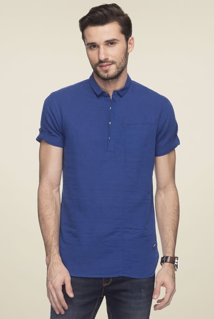 Status Quo Royal Blue Half Sleeves Linen Blend Shirt Status Quo Royal Blue Half Sleeves Linen Blend Shirt