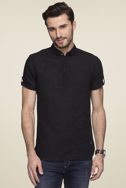 Status Quo Black Half Sleeves Linen Blend Shirt Status Quo Black Half Sleeves Linen Blend Shirt
