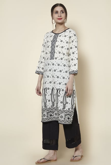 Zudio Off White Floral Print Kurta Zudio Off White Floral Print Kurta