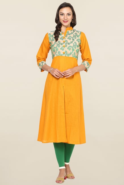 Aujjessa Mustard Printed Cotton Anarkali Kurta Aujjessa Mustard Printed Cotton Anarkali Kurta