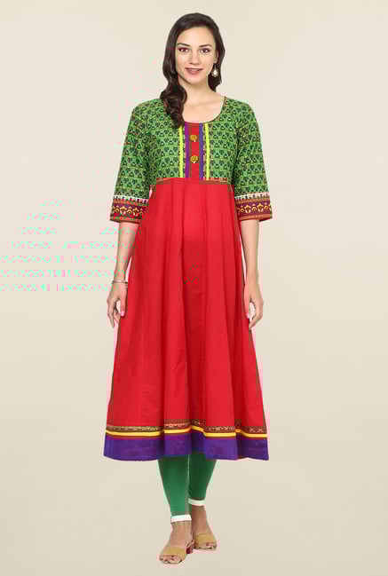 Aujjessa Red & Green Printed Cotton Anarkali Kurta Aujjessa Red & Green Printed Cotton Anarkali Kurta
