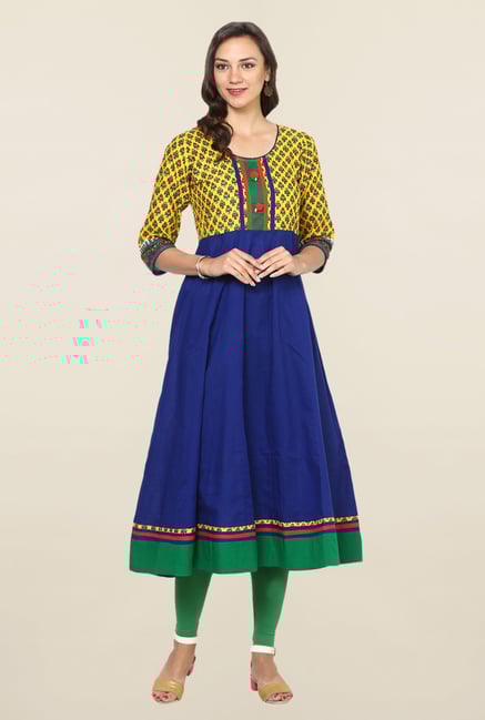 Aujjessa Blue & Yellow Printed Cotton Anarkali Kurta Aujjessa Blue & Yellow Printed Cotton Anarkali Kurta