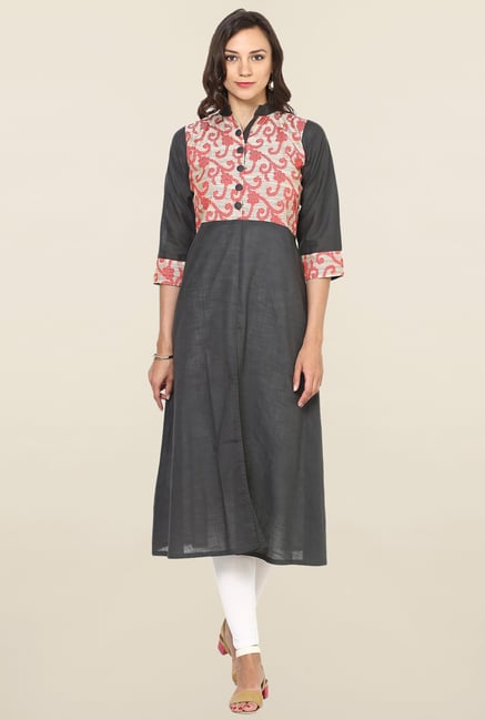 Aujjessa Grey Printed Cotton Anarkali Kurta Aujjessa Grey Printed Cotton Anarkali Kurta