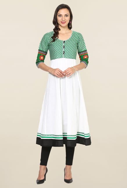 Aujjessa White & Green Printed Cotton Anarkali Kurta Aujjessa White & Green Printed Cotton Anarkali Kurta