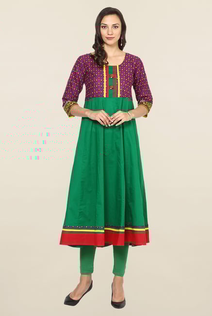 Aujjessa Green & Purple Printed Cotton Anarkali Kurta Aujjessa Green & Purple Printed Cotton Anarkali Kurta