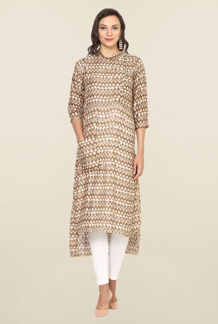 Aujjessa Beige Geometric Print Rayon High Low Kurta Aujjessa Beige Geometric Print Rayon High Low Kurta