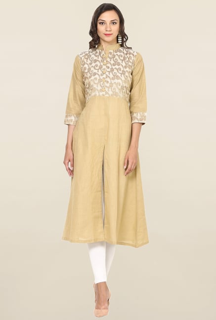 Aujjessa Beige Printed Cotton Anarkali Kurta Aujjessa Beige Printed Cotton Anarkali Kurta