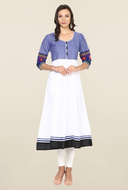 Aujjessa White & Blue Printed Cotton Anarkali Kurta Aujjessa White & Blue Printed Cotton Anarkali Kurta