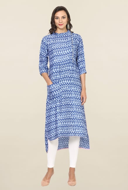 Aujjessa Blue Geometric Print Rayon High Low Kurta Aujjessa Blue Geometric Print Rayon High Low Kurta