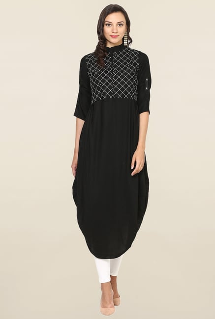 Aujjessa Black Checks Rayon A Line Draping Kurta Aujjessa Black Checks Rayon A Line Draping Kurta