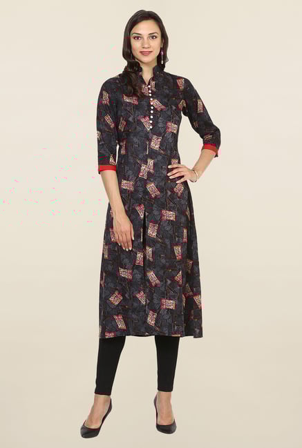 Aujjessa Black Geometric Print Rayon A Line Kurta Aujjessa Black Geometric Print Rayon A Line Kurta