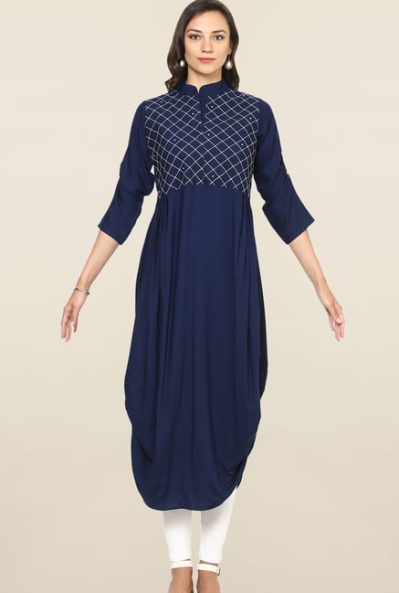 Aujjessa Navy Checks Rayon A Line Draping Kurta Aujjessa Navy Checks Rayon A Line Draping Kurta