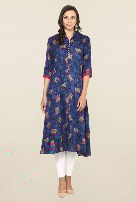 Aujjessa Navy Geometric Print Rayon A Line Kurta Aujjessa Navy Geometric Print Rayon A Line Kurta