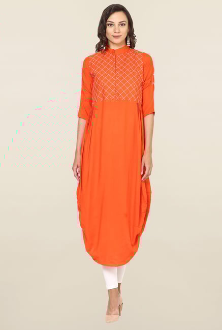 Aujjessa Orange Checks Rayon A Line Draping Kurta Aujjessa Orange Checks Rayon A Line Draping Kurta