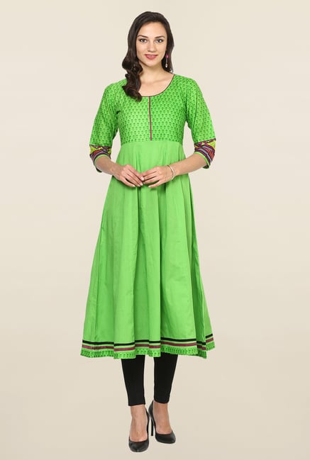Aujjessa Green Printed Cotton Anarkali Kurta Aujjessa Green Printed Cotton Anarkali Kurta