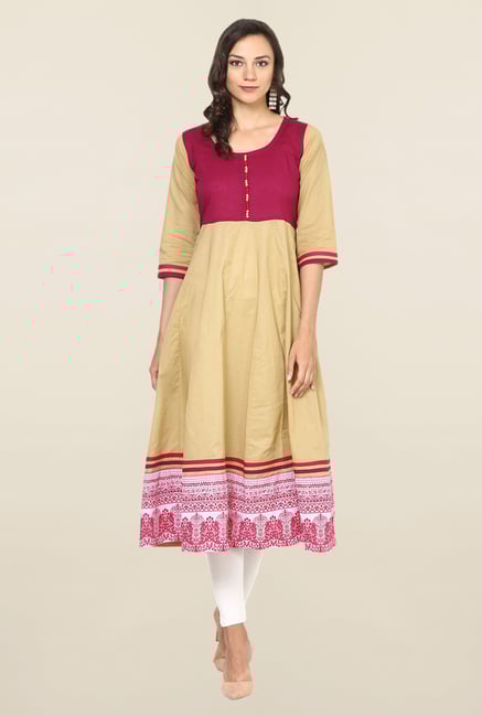 Aujjessa Beige & Purple Printed Cotton Anarkali Kurta Aujjessa Beige & Purple Printed Cotton Anarkali Kurta