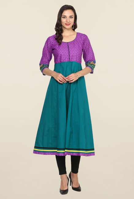Aujjessa Teal & Purple Printed Cotton Anarkali Kurta Aujjessa Teal & Purple Printed Cotton Anarkali Kurta