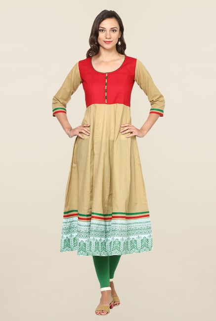 Aujjessa Beige & Red Printed Cotton Anarkali Kurta Aujjessa Beige & Red Printed Cotton Anarkali Kurta