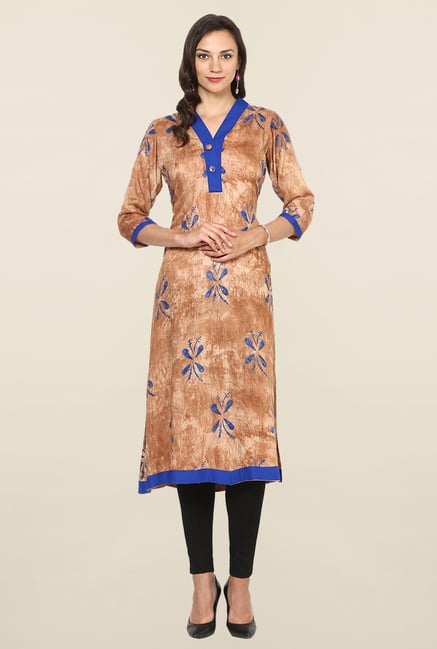 Aujjessa Beige & Blue Printed Rayon A Line Kurta Aujjessa Beige & Blue Printed Rayon A Line Kurta
