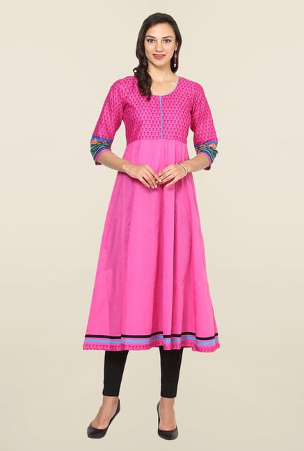 Aujjessa Pink Printed Cotton Anarkali Kurta Aujjessa Pink Printed Cotton Anarkali Kurta