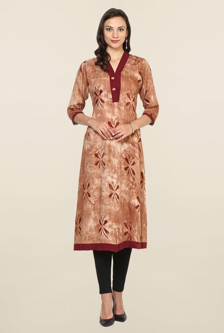 Aujjessa Beige & Brown Printed Rayon A Line Kurta Aujjessa Beige & Brown Printed Rayon A Line Kurta