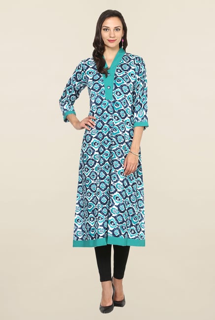Aujjessa Grey & Green Printed Rayon A Line Kurta Aujjessa Grey & Green Printed Rayon A Line Kurta