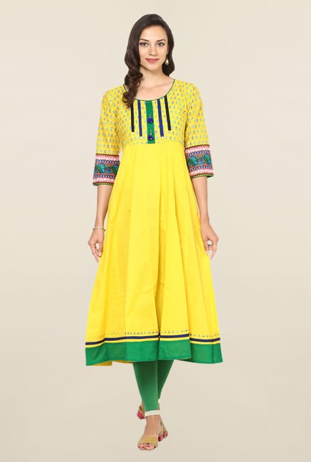 Aujjessa Yellow Paisley Print Cotton Anarkali Kurta Aujjessa Yellow Paisley Print Cotton Anarkali Kurta