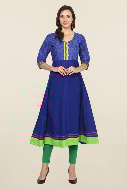 Aujjessa Blue Printed Cotton Anarkali Kurta Aujjessa Blue Printed Cotton Anarkali Kurta