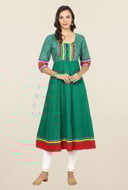 Aujjessa Green Paisley Print Cotton Anarkali Kurta Aujjessa Green Paisley Print Cotton Anarkali Kurta